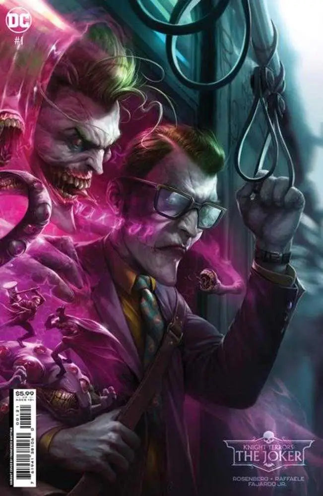 Comic book cover of Knight Terrors Joker #1 with sinister figure and vibrant energy effects
