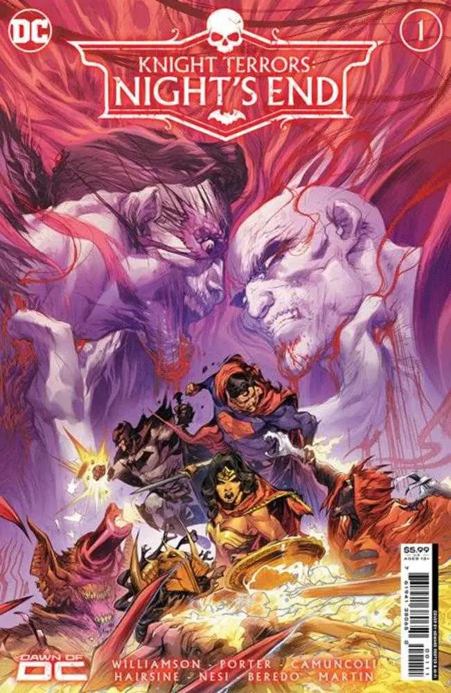 Comic book cover for Knight Terrors Nights End #1 by Howard Porter with heroes and ghosts