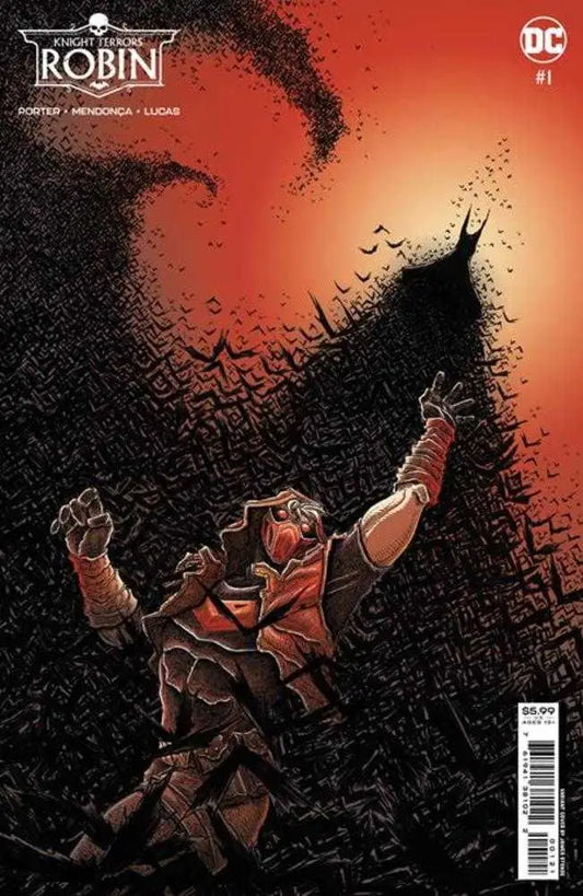 Caped figure dissolving into bats in Knight Terrors Robin #1 trading card variant