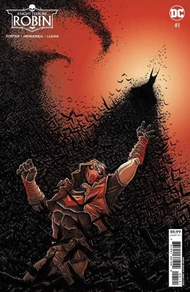 Caped figure dissolving into bats in Knight Terrors Robin #1 trading card variant