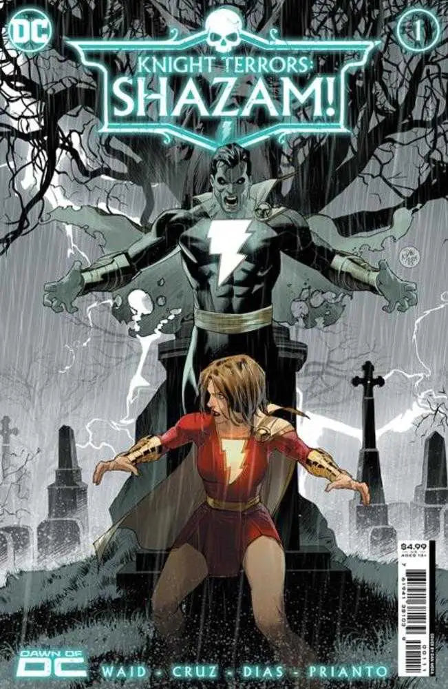 Comic book cover for Knight Terrors Shazam showcasing a superhero in a graveyard setting