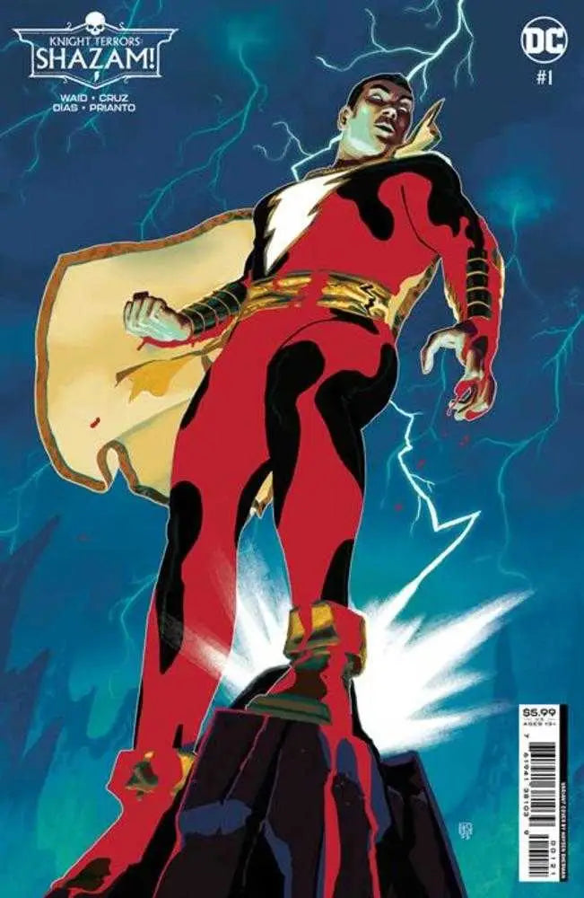 Superhero in red and gold costume with cape on Knight Terrors Shazam trading card