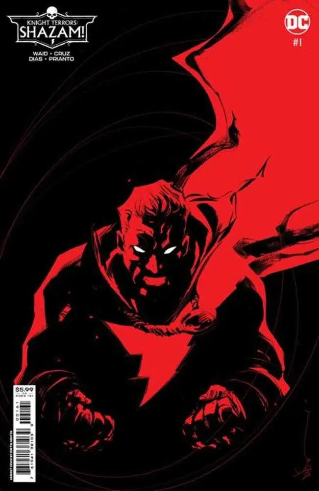 Red and black comic book cover art of superhero for Knight Terrors Shazam trading cards