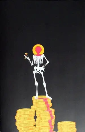 Skeleton figure with yellow head atop gold coins in Know Your Station #1 trading card