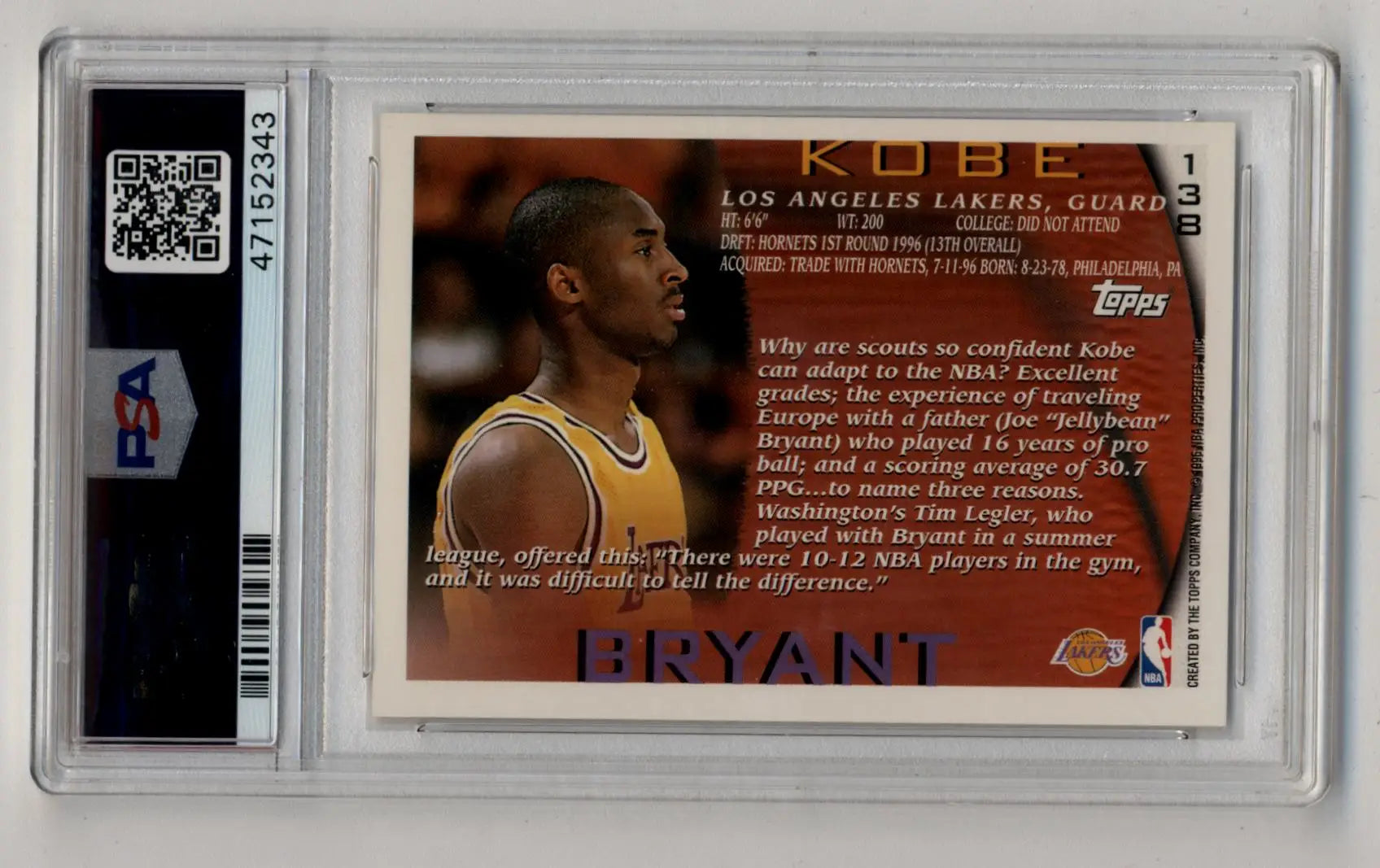 Kobe Bryant 1996-97 Topps Rookie #138 PSA 10 Gem Mint 2343 - Singles