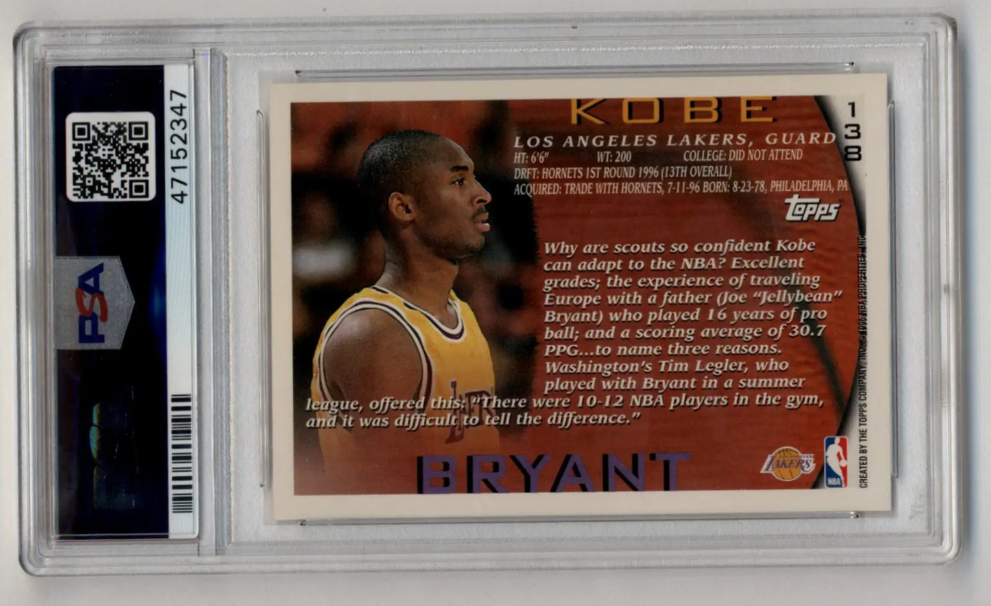 Kobe Bryant 1996-97 Topps Rookie #138 PSA 10 Gem Mint 2347 - Singles