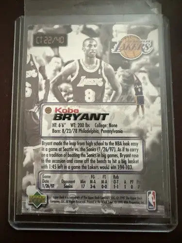 Kobe Bryant 1997-98 Upper Deck Nestlé Slam Dunk Crunch Time Card #CT22