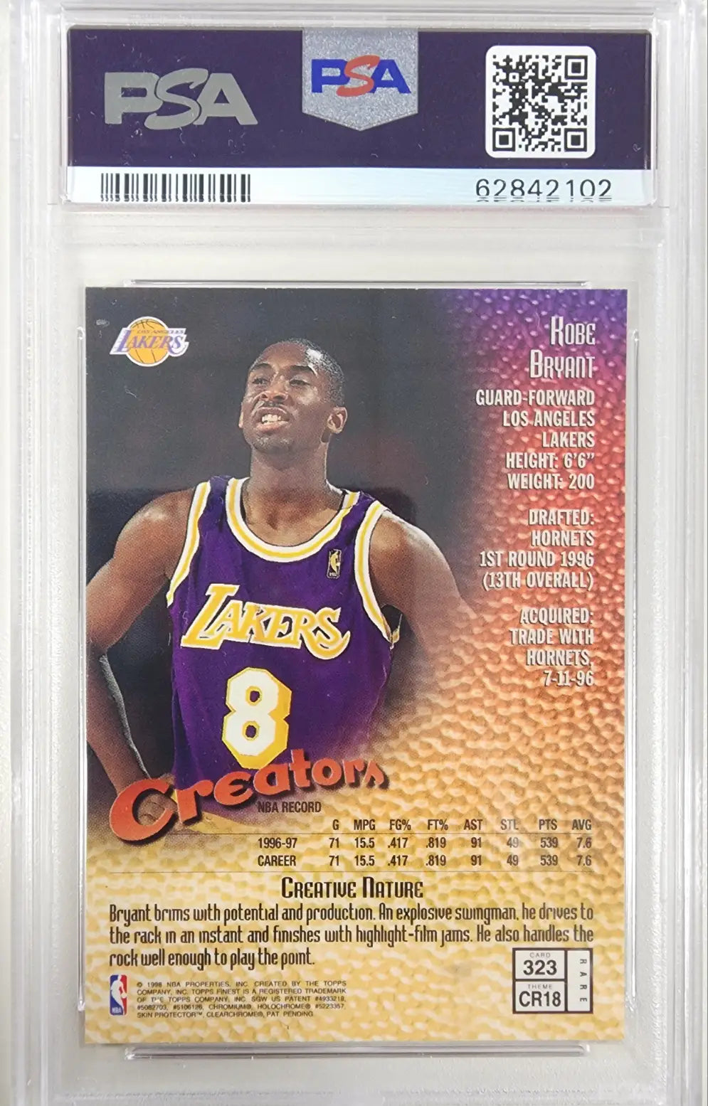Kobe Bryant 1997 Topps Finest Gold basketball card in protective case, PSA 9 Mint