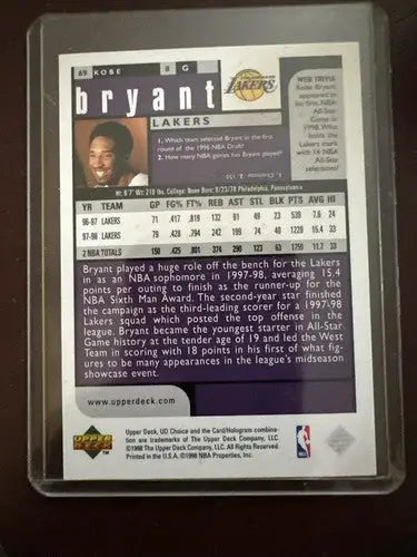 Kobe Bryant 1998 Upper Deck UD Choice Preview #69 NBA Basketball Card - Basketball Card