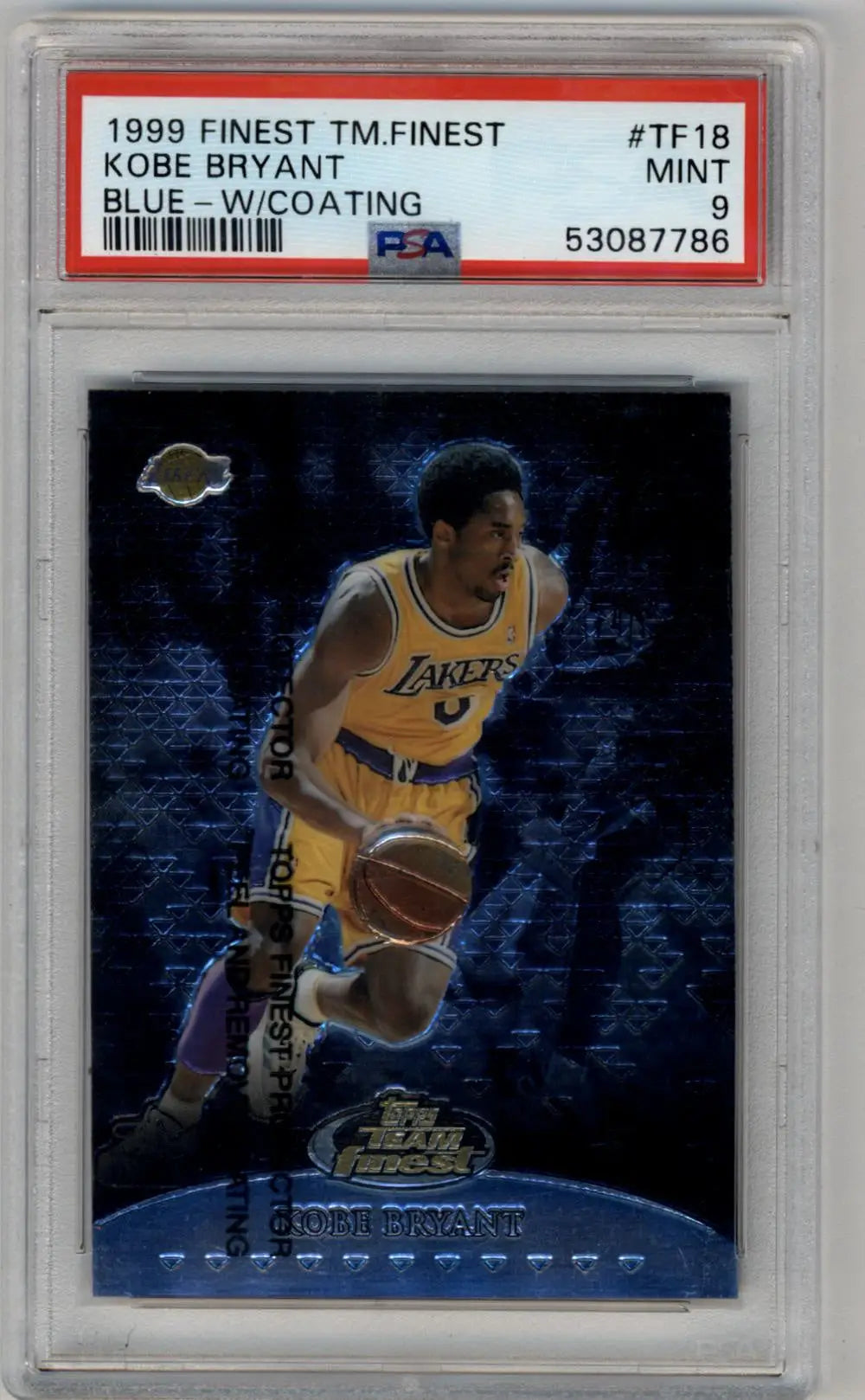 Graded 1999 Finest Kobe Bryant Blue Refractor basketball card in Team Finest Blue style