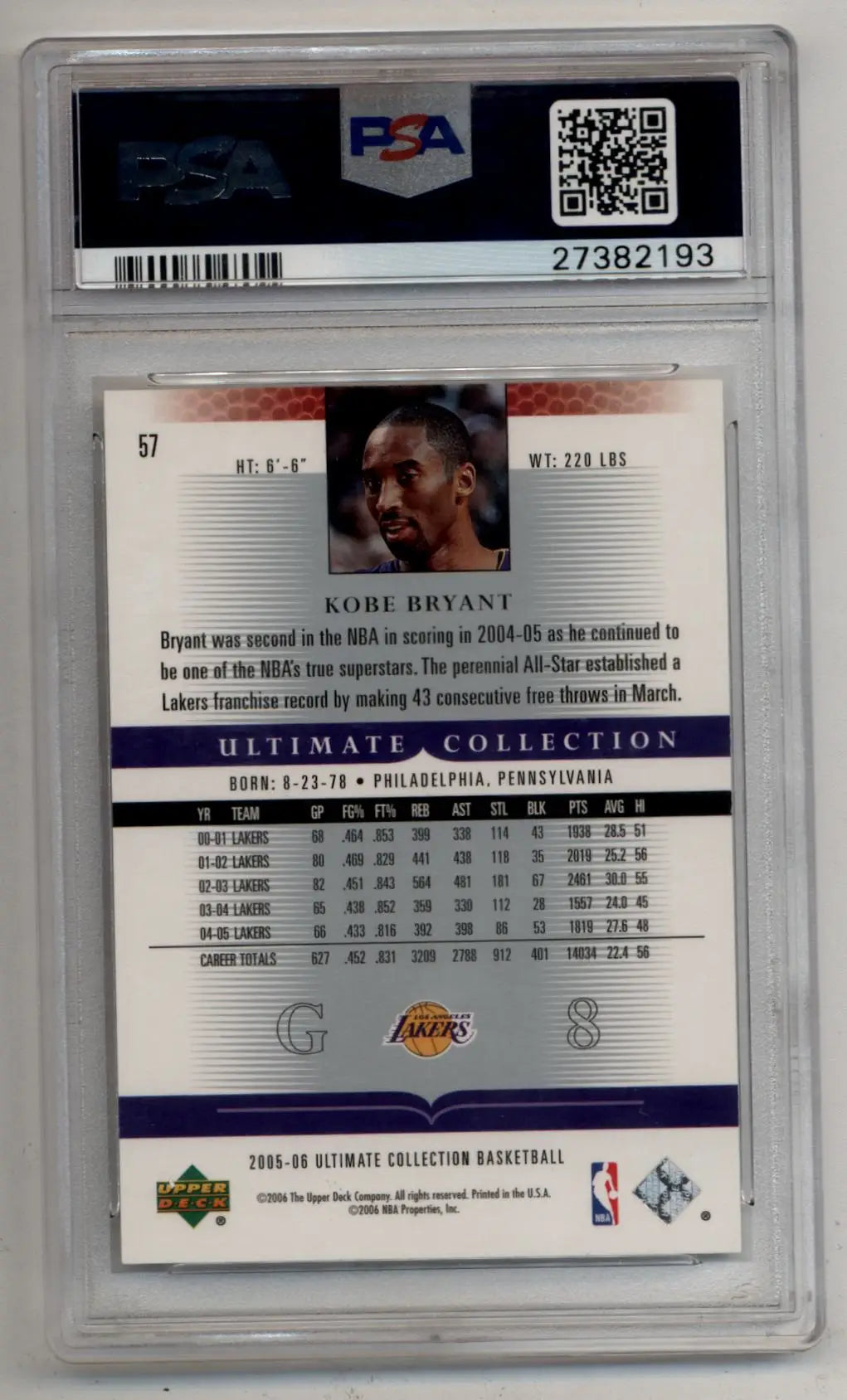 Graded Kobe Bryant basketball card from Ultimate Collection Red series featuring serial number 41/50