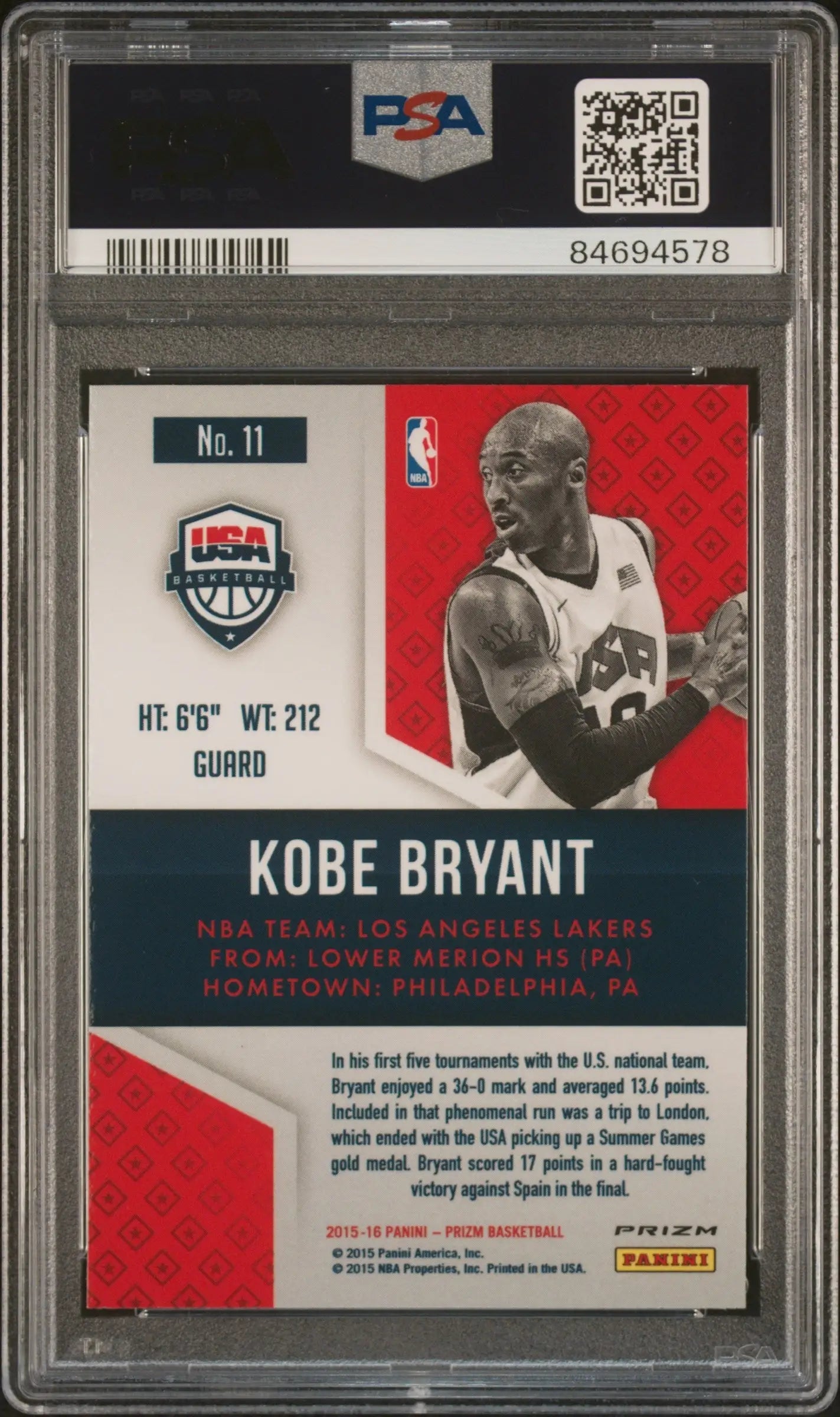 Encased Kobe Bryant Panini Prizm USA Green Prizm basketball card PSA 10 Gem Mint