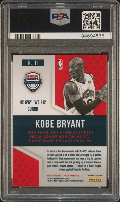 Encased Kobe Bryant Panini Prizm USA Green Prizm basketball card PSA 10 Gem Mint