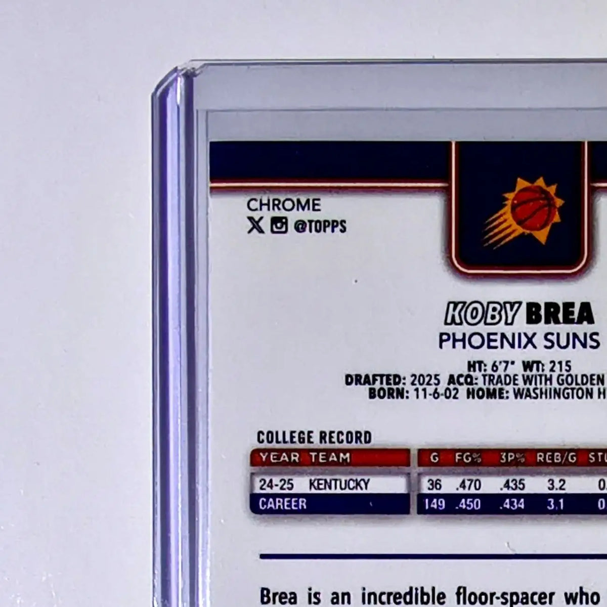Koby Brea Rookie 2025-26 NBA Topps Chrome Update Refractor #192 Card Suns - Basketball Card Single