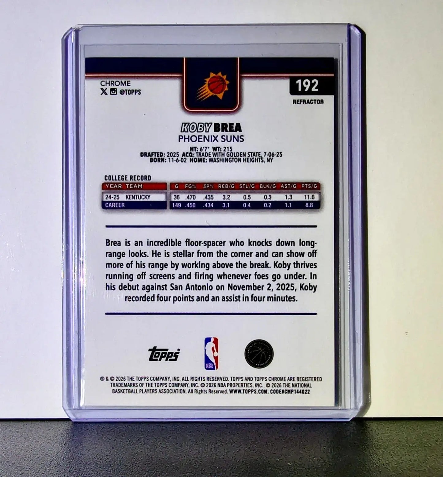 Koby Brea Rookie 2025-26 NBA Topps Chrome Update Refractor #192 Card Suns - Basketball Card Single