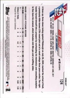 Kodi Whitley Rookie 2021 Topps Opening Day #124 St. Louis Cardinals - Baseball Card Single