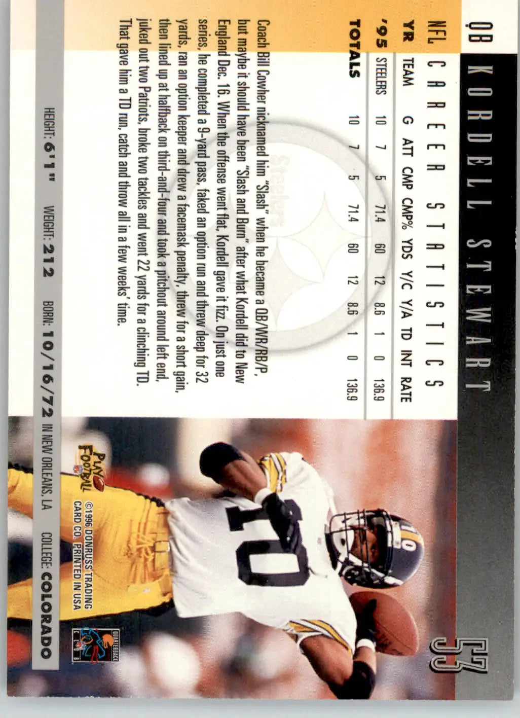 Kordell Stewart - 1996 Donruss - #53 - Football - Football Card Single