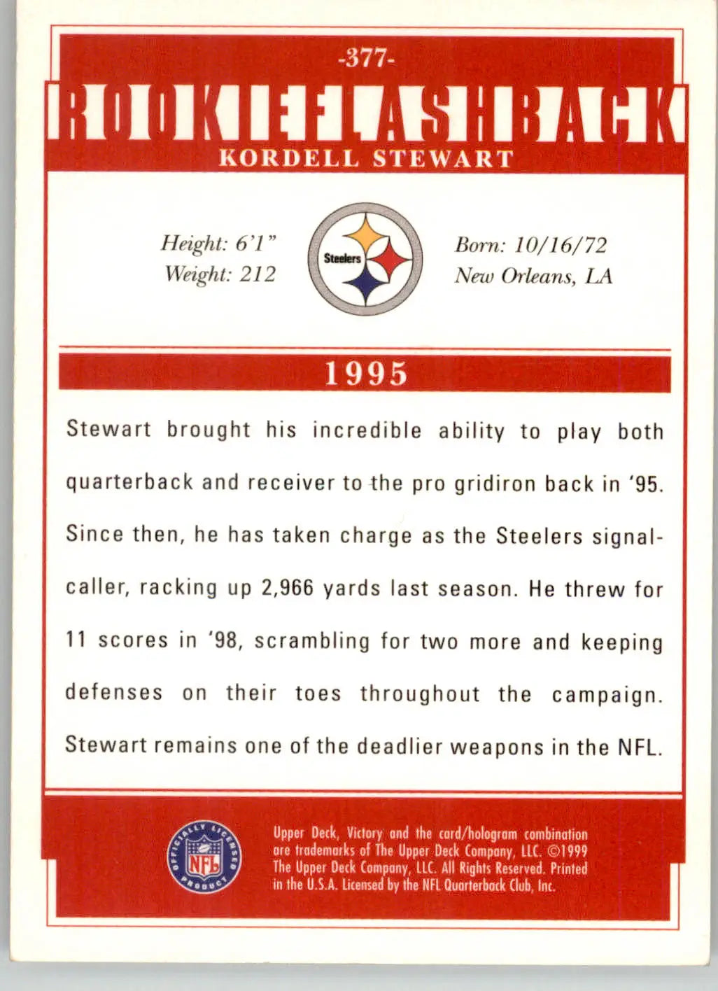 Kordell Stewart - 1999 Upper Deck Victory - #377 - Football - Football Card Single