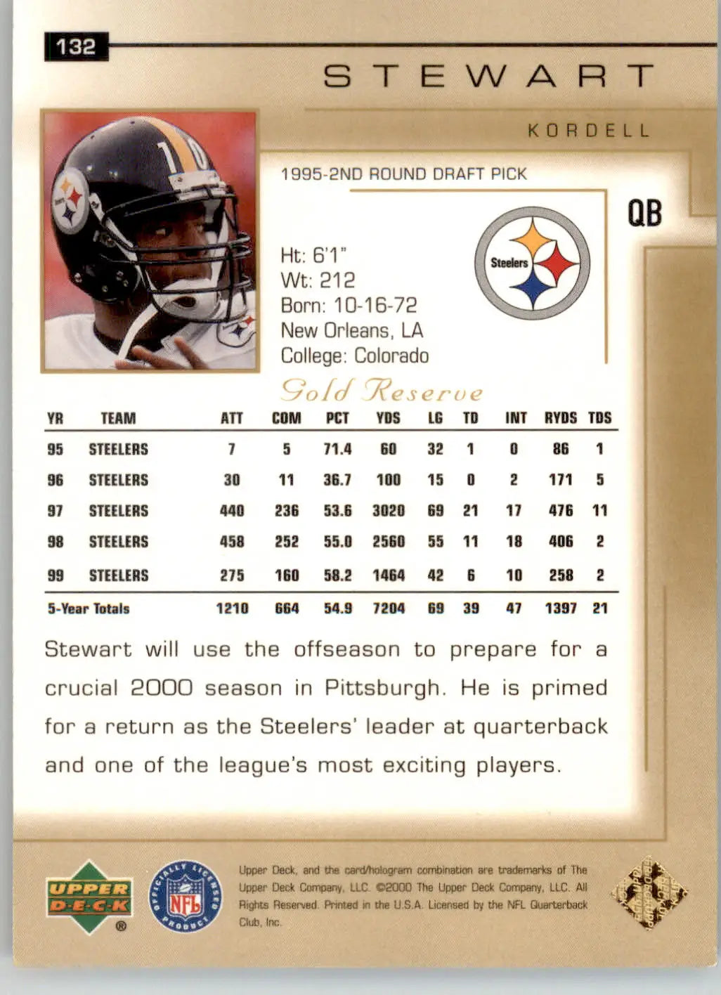 Kordell Stewart - 2000 Upper Deck Gold Reserve - #132 - Football - Football Card Single
