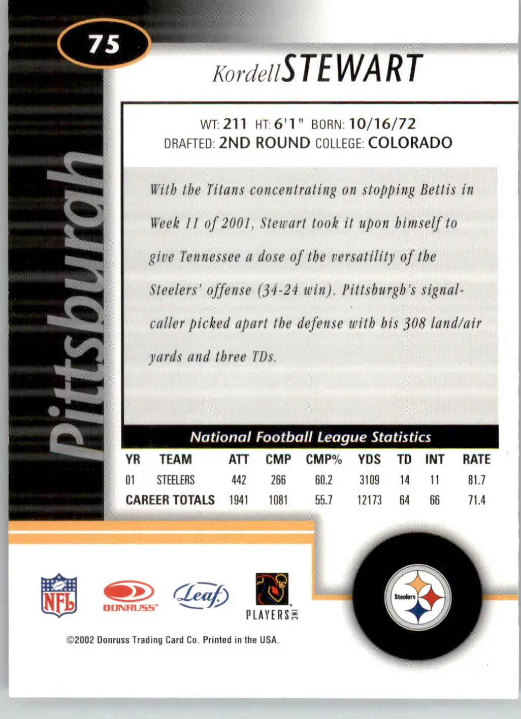 Kordell Stewart - 2002 Leaf Certified - #75 - Football - Football Card Single
