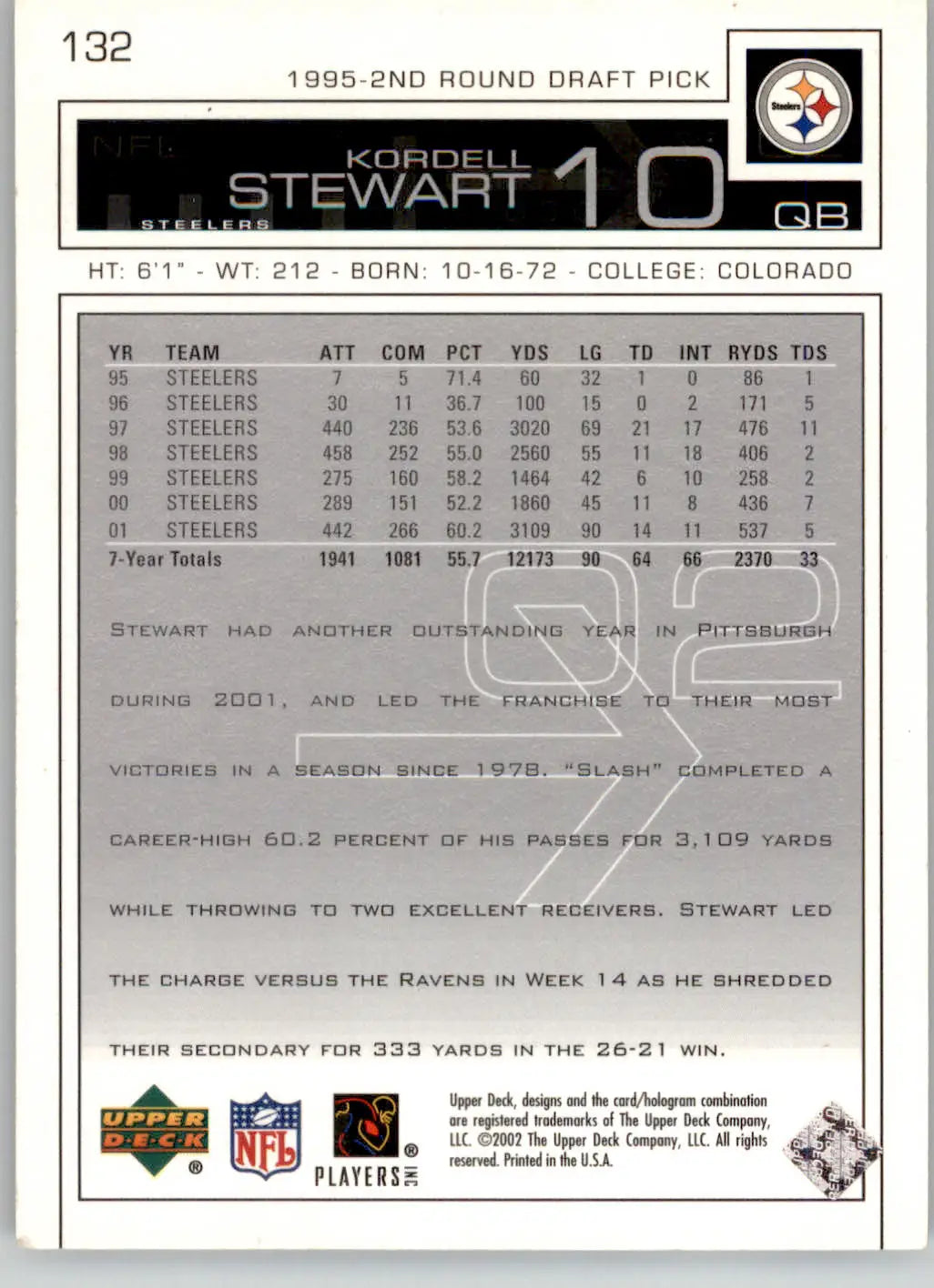 Kordell Stewart - 2002 Upper Deck - #132 - Football - Football Card Single