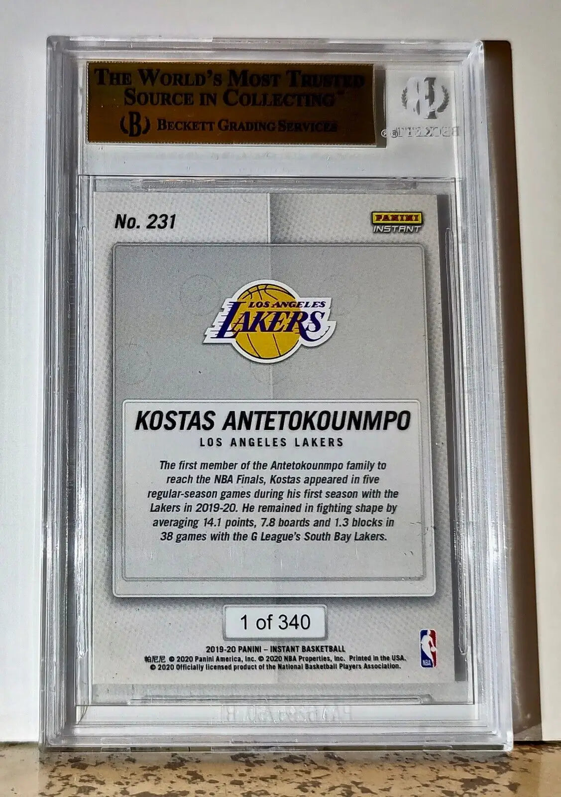 Kostas Antetokounmpo 2019-20 Panini NBA #231 Card 1/340 BGS 9.5 Gem Mint Lakers - Basketball Card Single