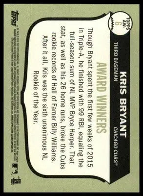 Kris Bryant 2016 Topps Heritage Award Winners #AW-6 Chicago Cubs - Baseball Card Single