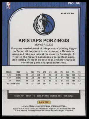 Kristaps Porzingis 2019-20 Hoops Premium Silver Laser #40 Dallas Mavericks - Basketball Card Single