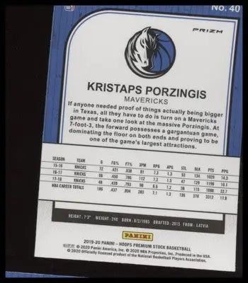 Kristaps Porzingis 2019-20 Hoops Premium Stock Prizms Blue #40 Dallas Mavericks - Basketball Card Single