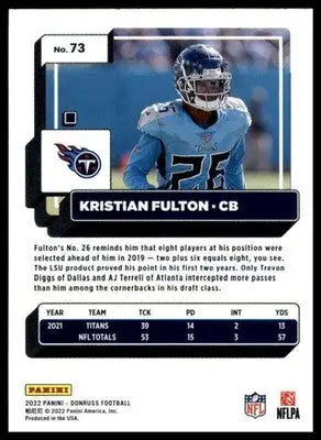 Kristian Fulton 2022 Donruss #73 Tennessee Titans