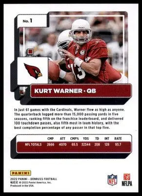 Kurt Warner 2022 Donruss #1 Arizona Cardinals - Football Card Single