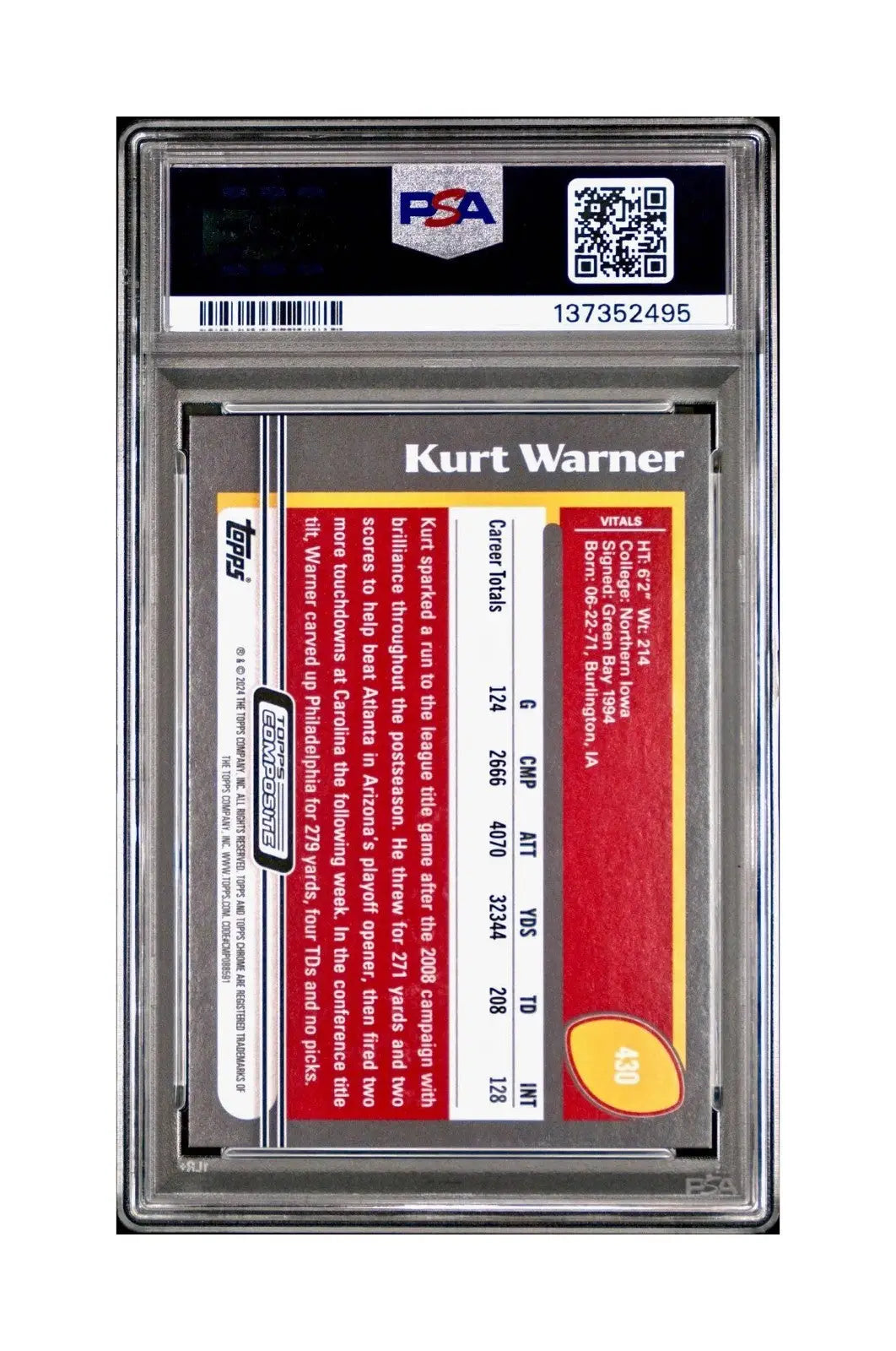 Kurt Warner 2023 Topps Allen & Ginter #430 Green Portrait 114/250 PSA 9 Mint