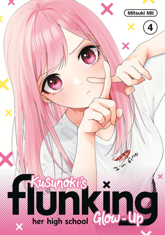 Manga cover with pink-haired girl from Kusunoki’s Flunking Her High School Glow-Up 4