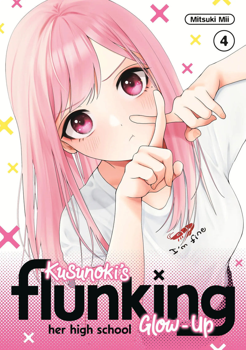 Manga cover with pink-haired girl from Kusunoki’s Flunking Her High School Glow-Up 4