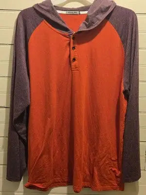 Kuulee Hoodie Mens XXL Long Sleeve Henley Raglan Orange Purple Top Hooded - Apparel