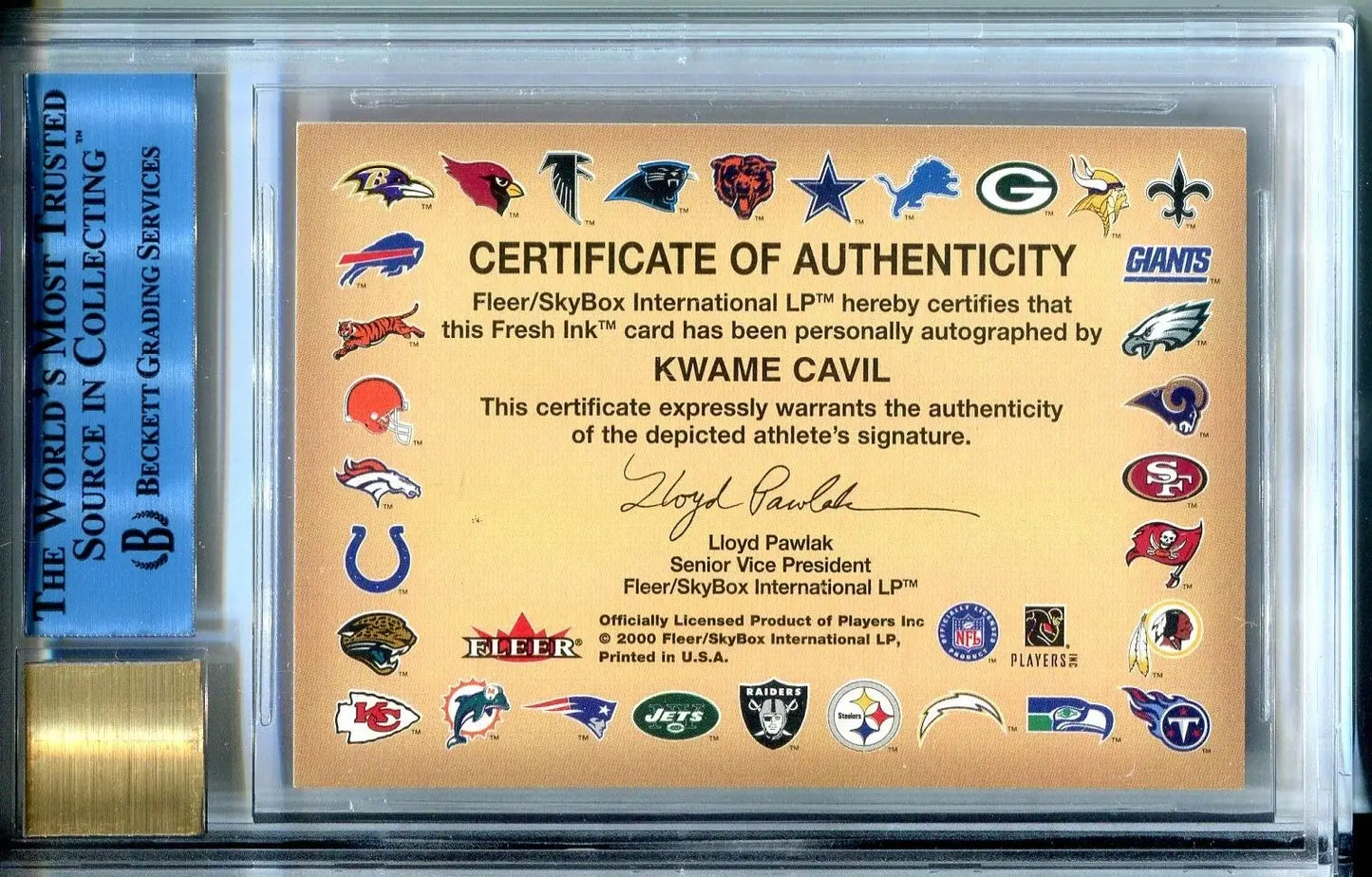 Kwame Cavil autographed card from 2000 Fleer Autographics Rookie RC Texas BGS 9 RARE