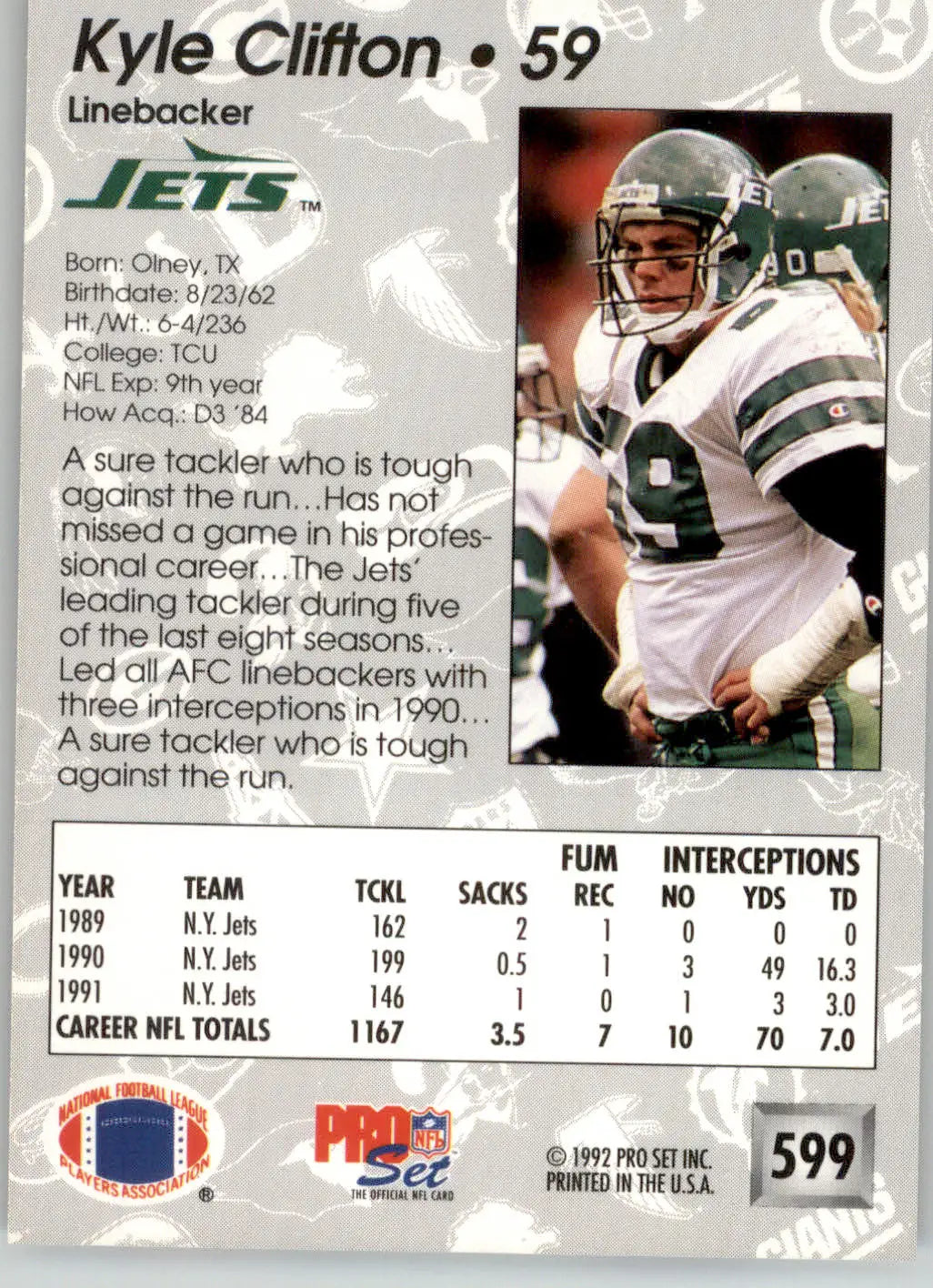 Kyle Clifton - 1992 Pro Set - #599 - Football - Football Card Single