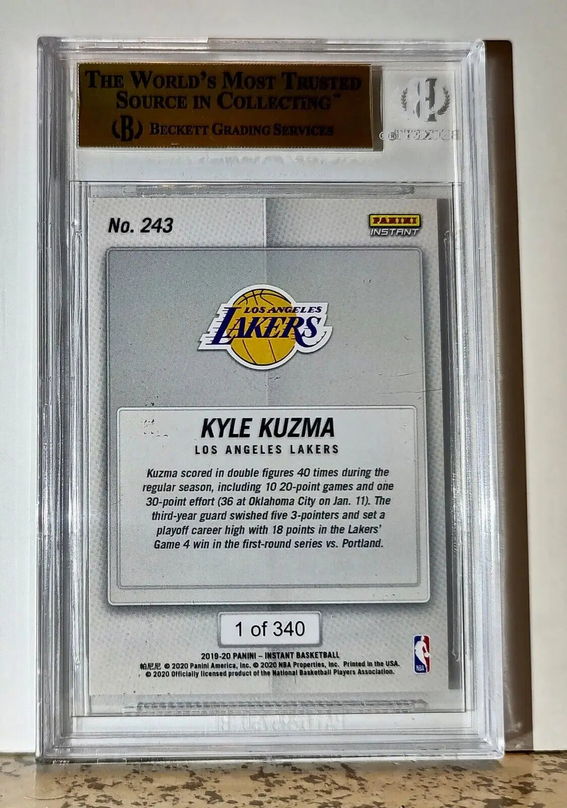 Kyle Kuzma 2019-20 Panini NBA #243 Card 1 of 340 BGS 9.5 Gem Mint LA Lakers - Basketball Card Single