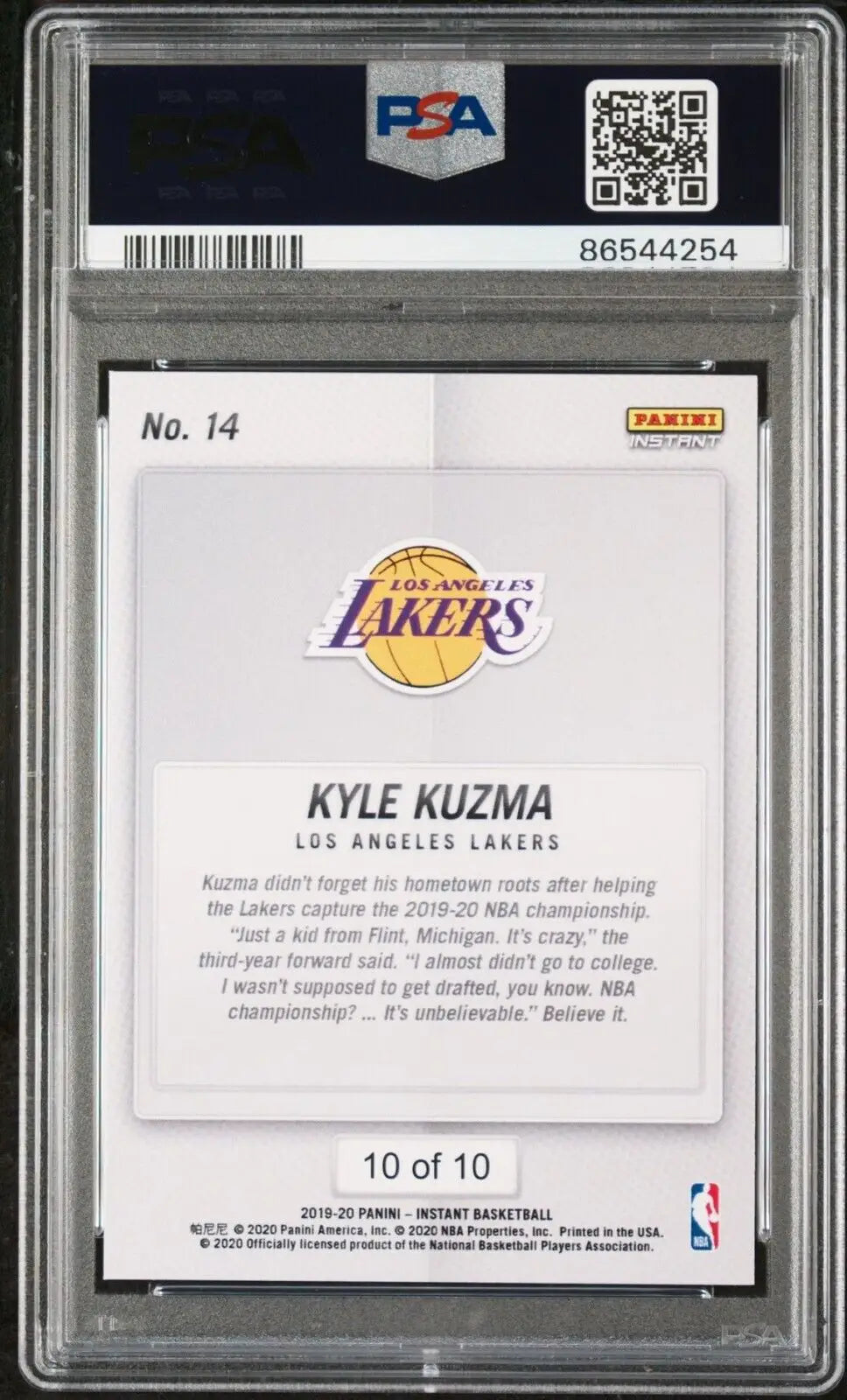 Kyle Kuzma 2020 Panini LA Lakers NBA Champions #14 Green Card 10/10 PSA 8 NM-MT