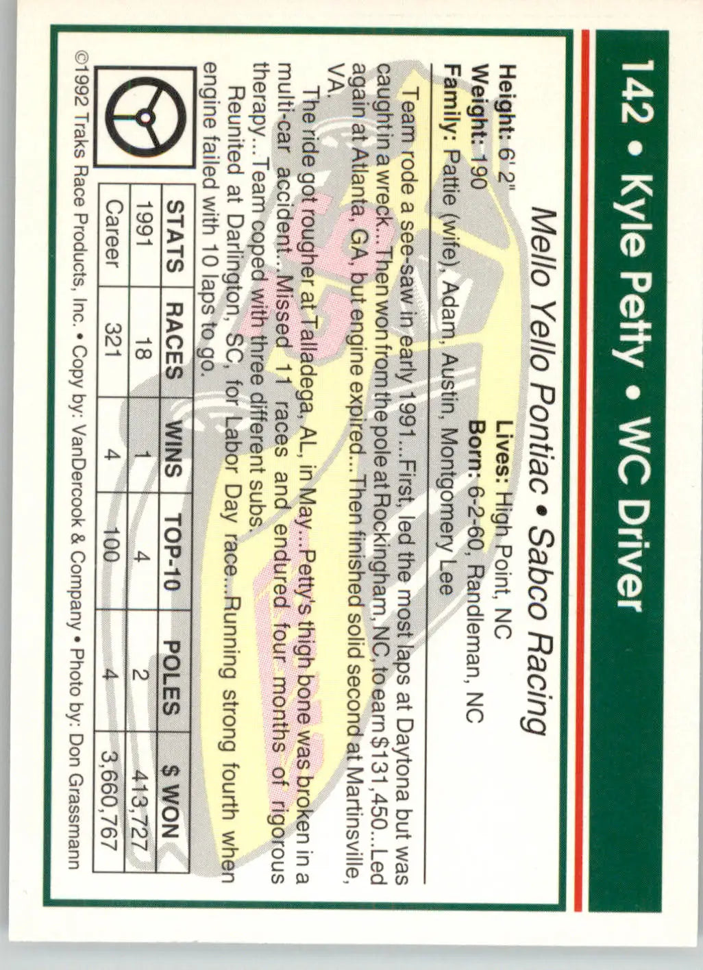 Kyle Petty - 1992 Traks - #142 - Racing - Racing Card Single