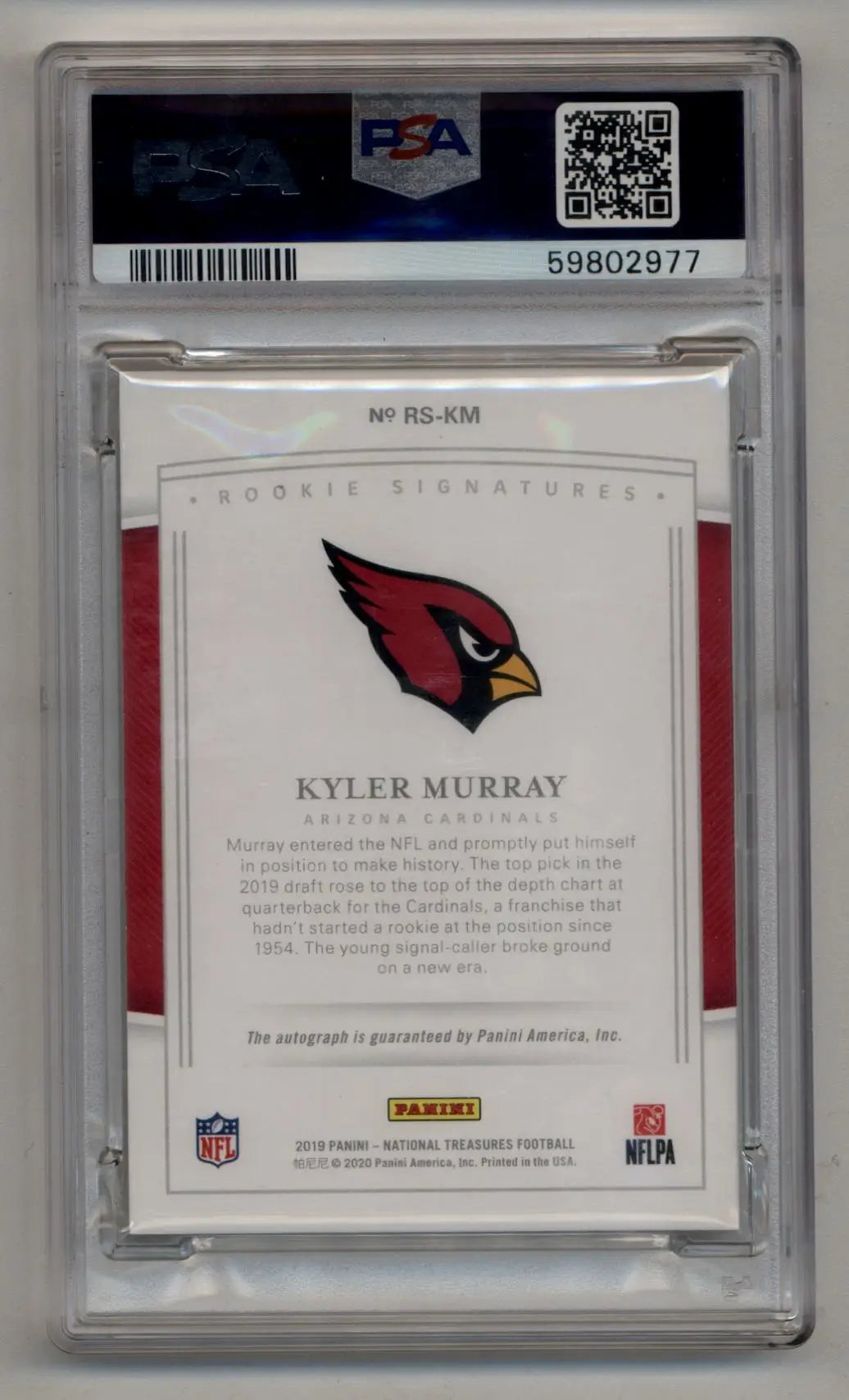Kyler Murray 2019 National Treasures Rookie Auto 11/99 PSA 9 Mint Auto 10 - Football Card Single