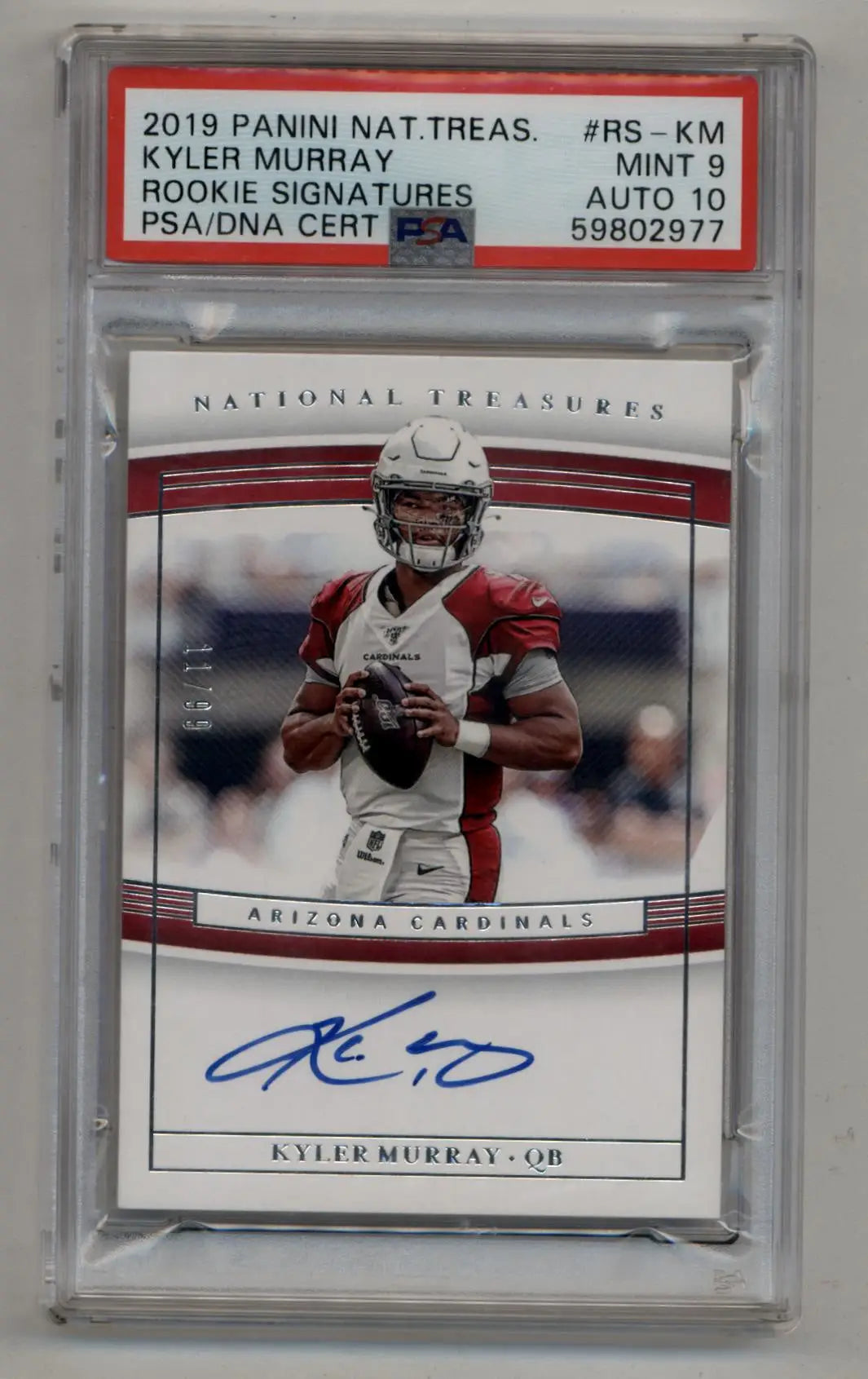 Kyler Murray 2019 National Treasures Rookie Auto 11/99 PSA 9 Mint Auto 10 - Football Card Single