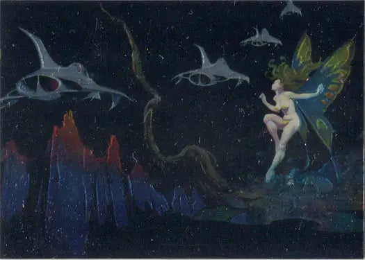Fairy with colorful wings in night scene on L Ron Hubbard Chromium Chase Card