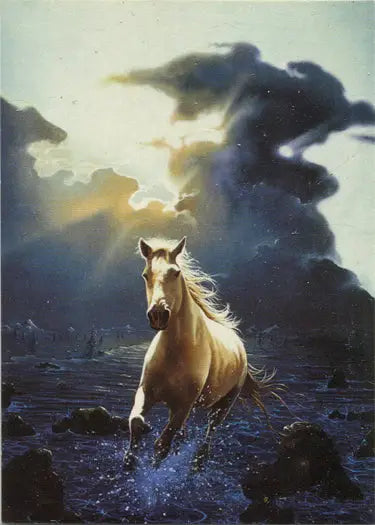 Horse galloping through water with flowing mane on L Ron Hubbard trading cards