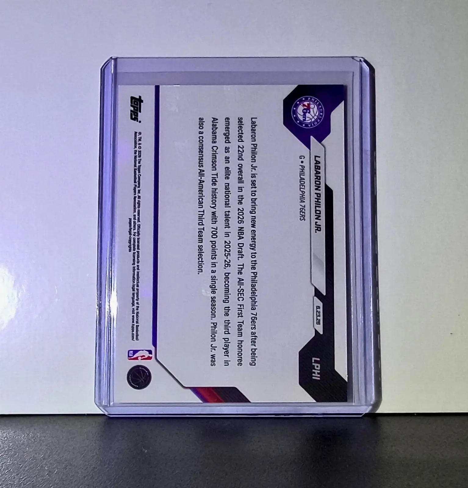Labaron Philon Jr. Rookie 2026-27 Topps NBA Draft Night #LPHI Card 76ers - Basketball Card Single