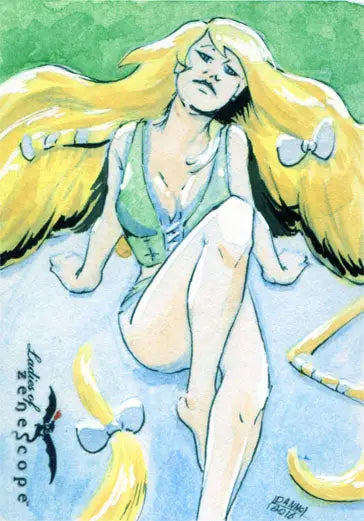 Winged figure with blonde hair in pale blue garment on Daniel Hooker sketch card