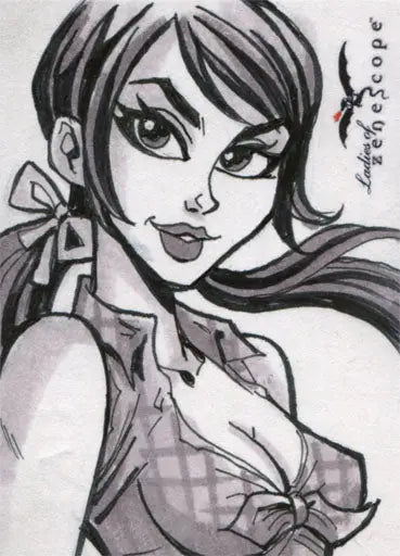 Black and white sketch card by Josh Howard featuring a young woman with a bow