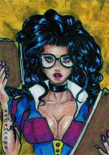 Stylized portrait of a woman with blue hair on Tony Scott’s sketch card trading card