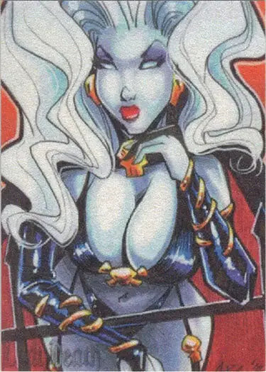 Stylized fantasy female with pale blue skin in Lady Death Blast From The Past promo card