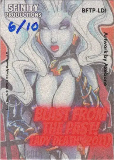 Stylized illustration of Lady Death with white hair and red lips on trading card